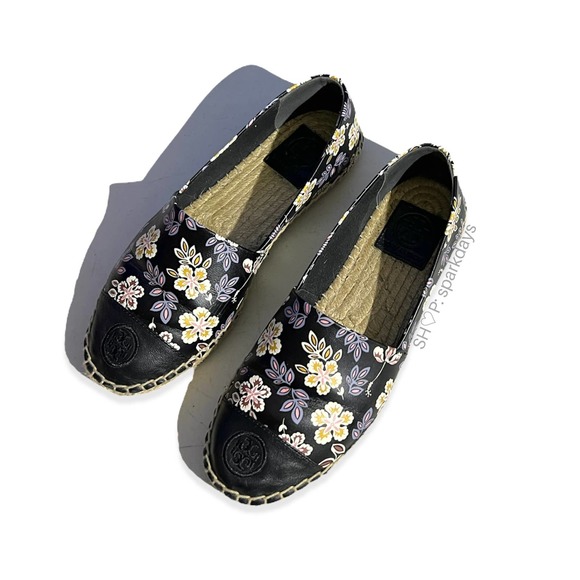 Tory Burch Black Floral Leather Colorblock Slip On Espadrille Flat | 7 - Picture 7 of 8